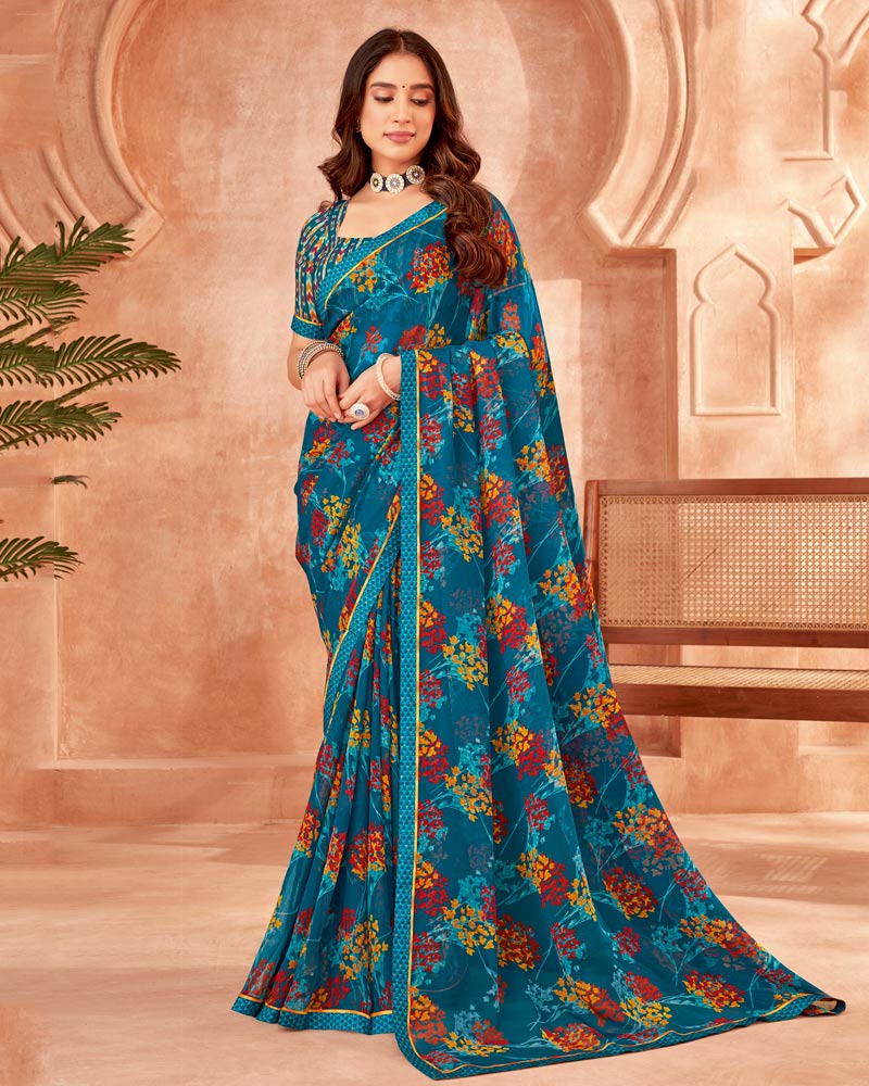 Vishal Prints Peacock Blue Printed Georgette Saree With Fancy Border