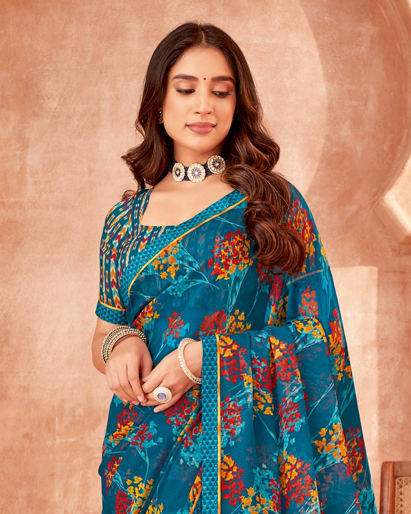 Vishal Prints Peacock Blue Printed Georgette Saree With Fancy Border
