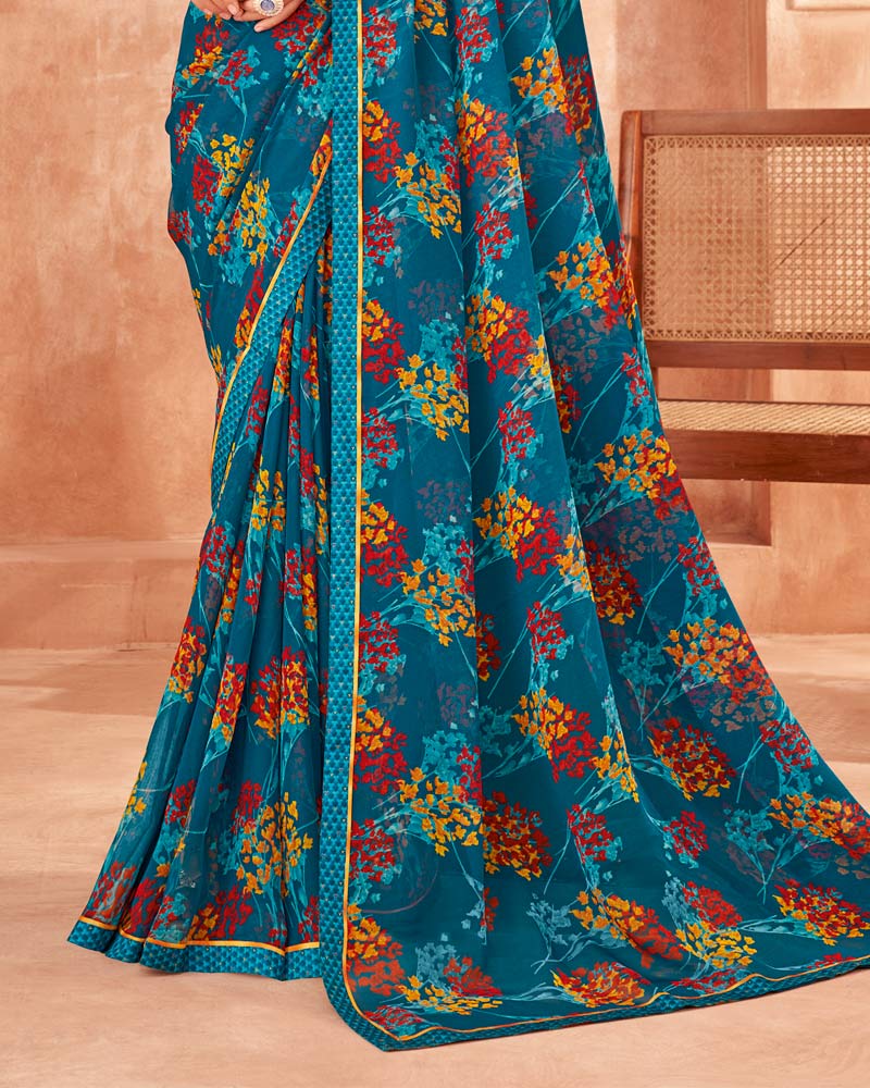 Vishal Prints Peacock Blue Printed Georgette Saree With Fancy Border