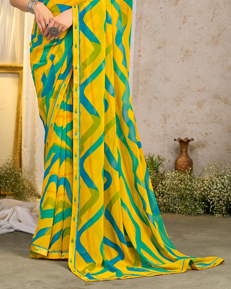 Vishal Prints Golden Yellow Printed Georgette Saree With Fancy Border