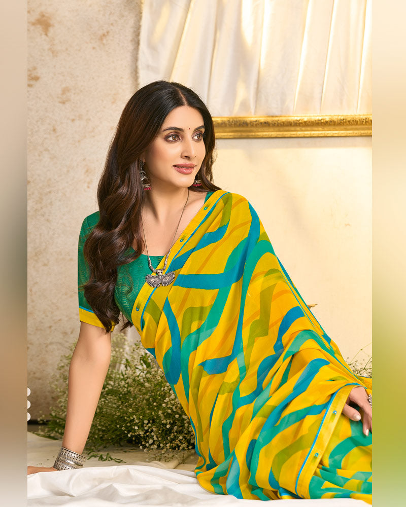 Vishal Prints Golden Yellow Printed Georgette Saree With Fancy Border