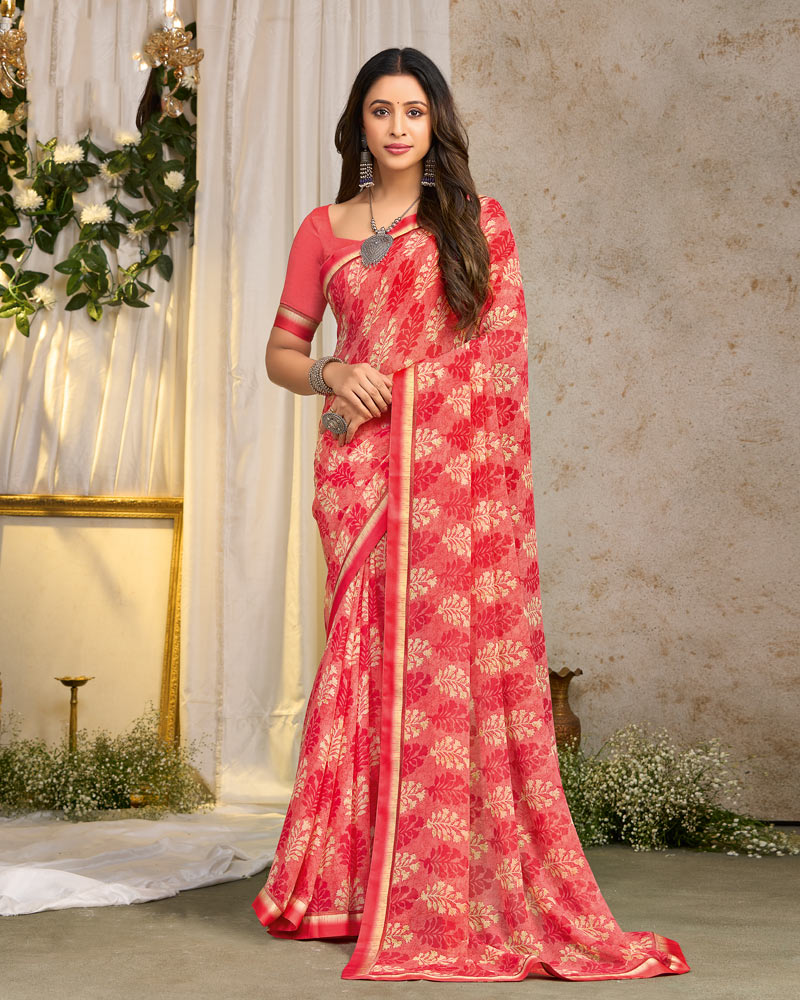 Vishal Prints Salmon Pink Printed Georgette Saree With Fancy Border