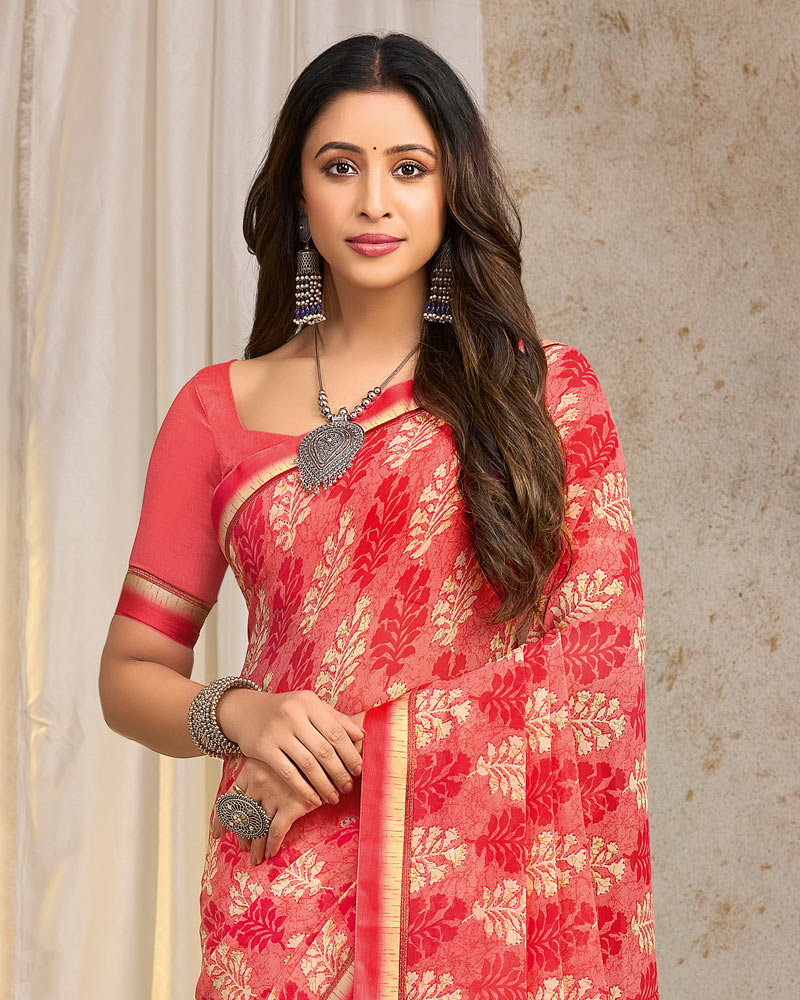 Vishal Prints Salmon Pink Printed Georgette Saree With Fancy Border