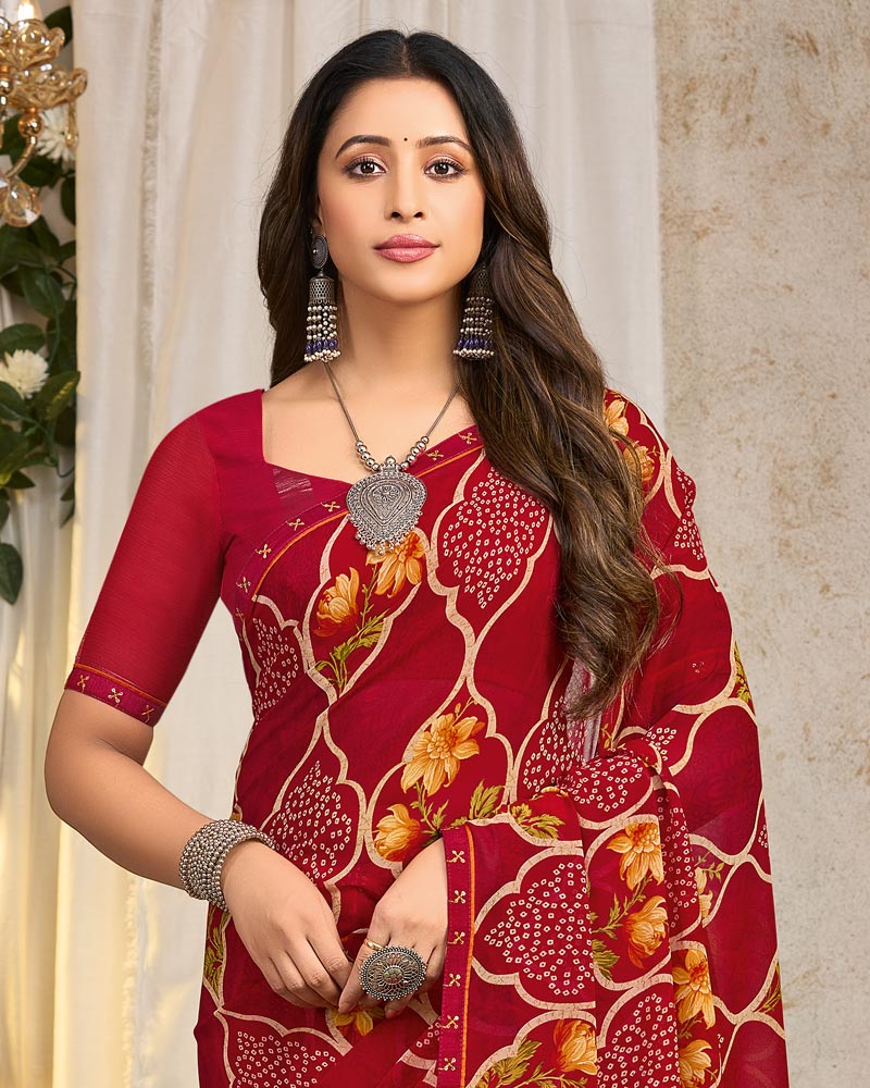 Vishal Prints Paprika Red Printed Georgette Saree With Fancy Border