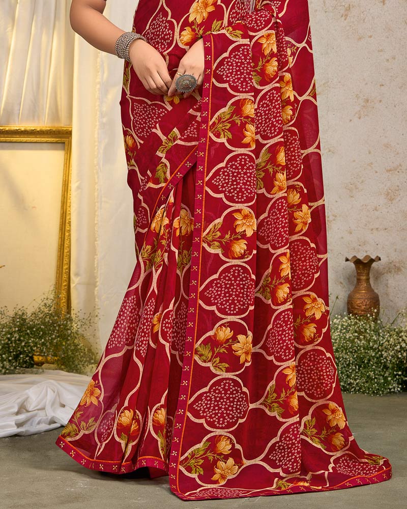 Vishal Prints Paprika Red Printed Georgette Saree With Fancy Border
