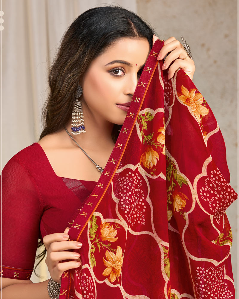 Vishal Prints Paprika Red Printed Georgette Saree With Fancy Border