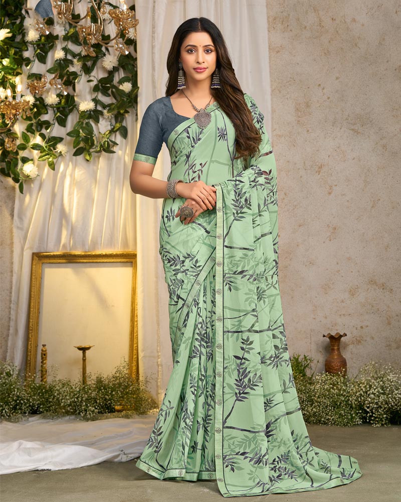 Vishal Prints Pale Mint Green Printed Georgette Saree With Fancy Border