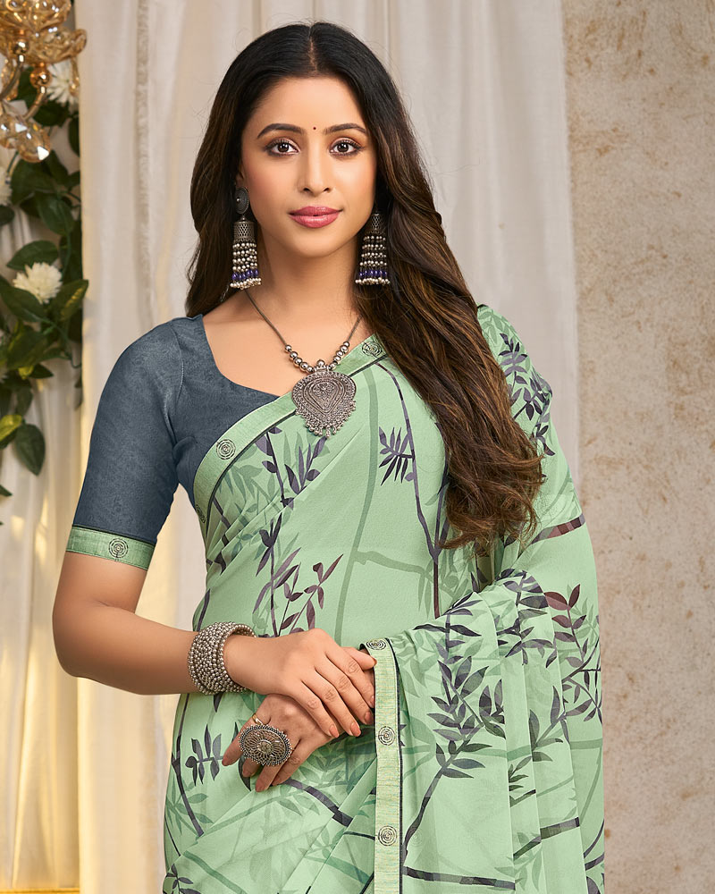 Vishal Prints Pale Mint Green Printed Georgette Saree With Fancy Border