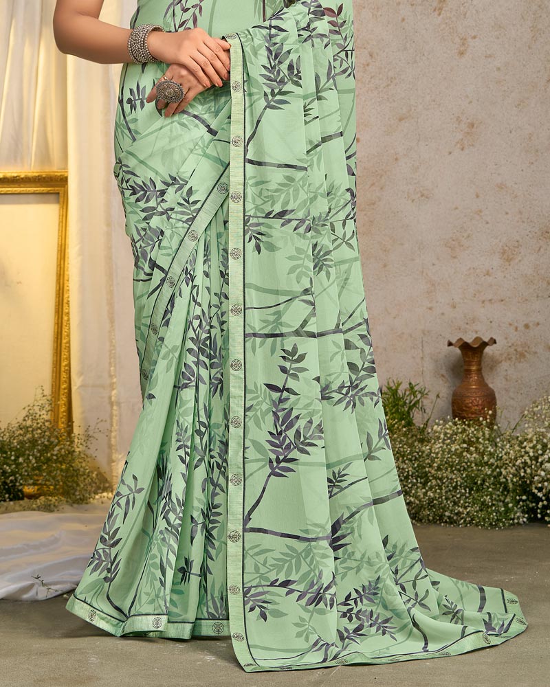 Vishal Prints Pale Mint Green Printed Georgette Saree With Fancy Border
