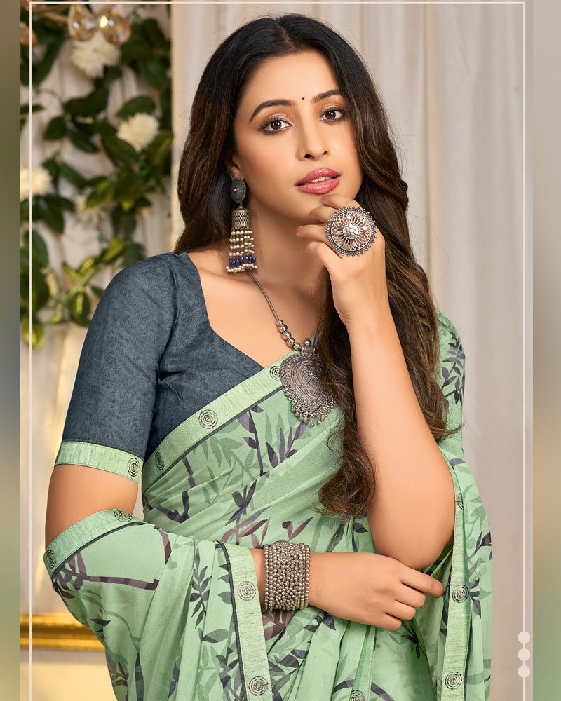 Vishal Prints Pale Mint Green Printed Georgette Saree With Fancy Border