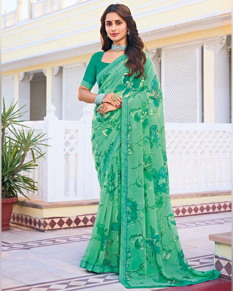Vishal Prints Mint Green Printed Georgette Saree With Fancy Border