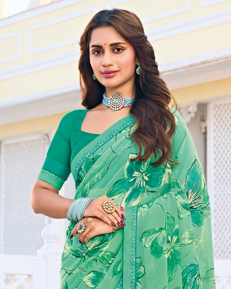 Vishal Prints Mint Green Printed Georgette Saree With Fancy Border