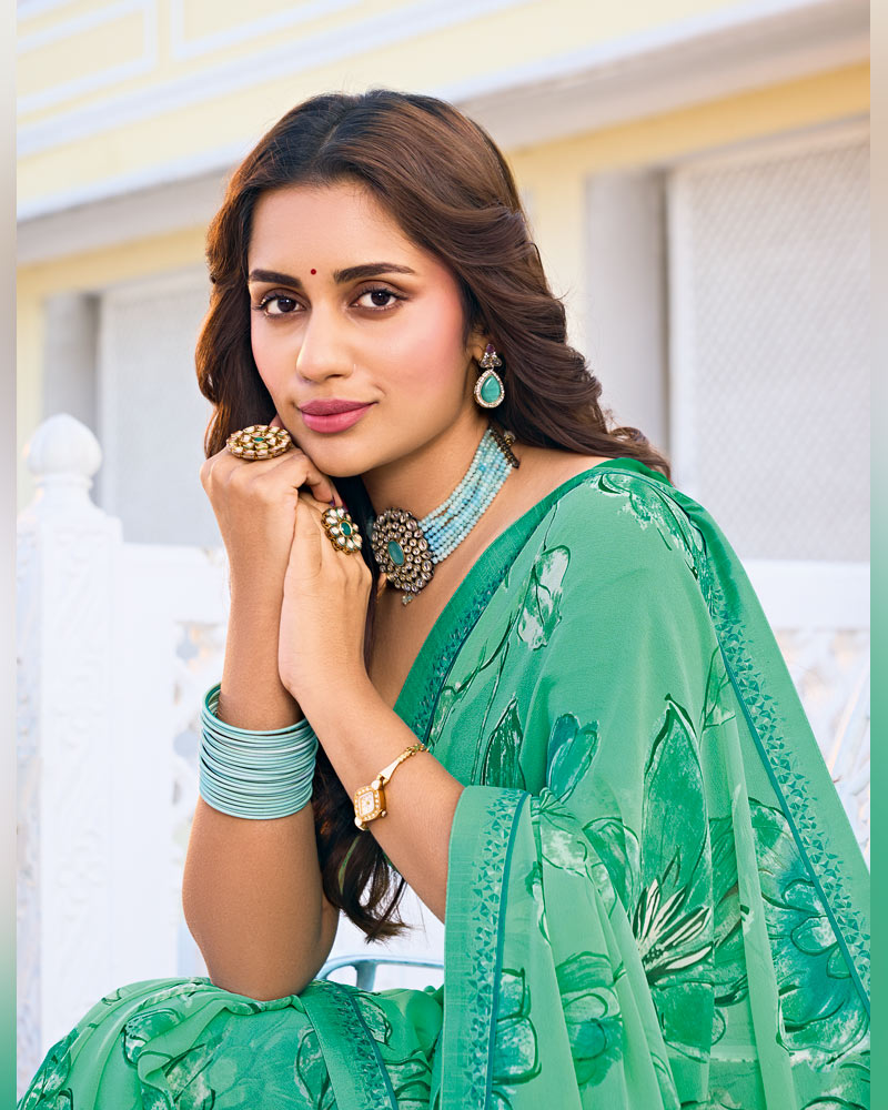 Vishal Prints Mint Green Printed Georgette Saree With Fancy Border