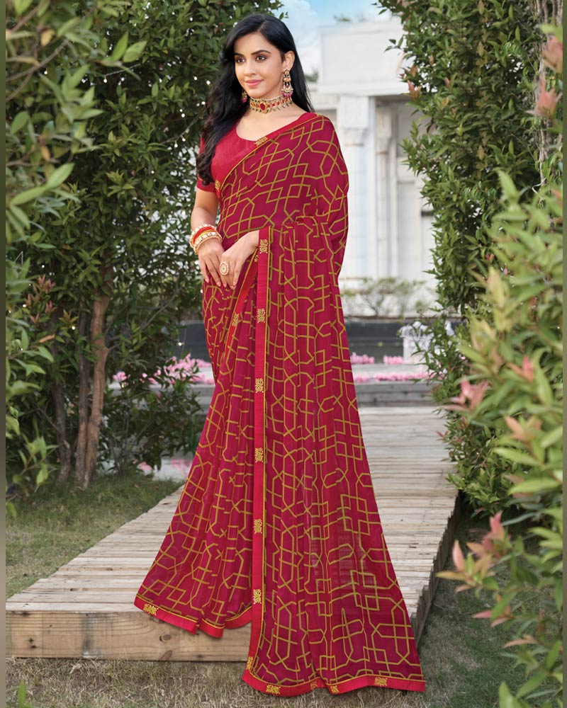 Vishal Prints Maroon Printed Chiffon Saree With Fancy Border