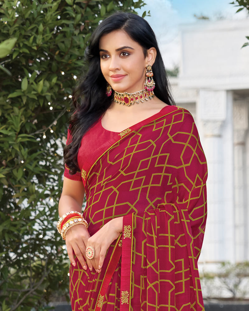 Vishal Prints Maroon Printed Chiffon Saree With Fancy Border