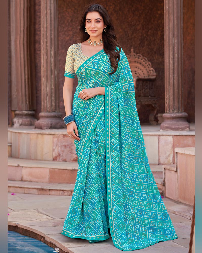 Vishal Prints Sky Blue Printed Georgette Saree With Fancy Border
