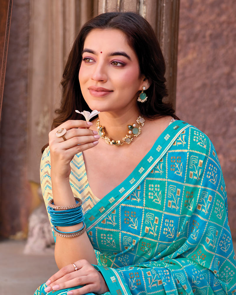 Vishal Prints Sky Blue Printed Georgette Saree With Fancy Border