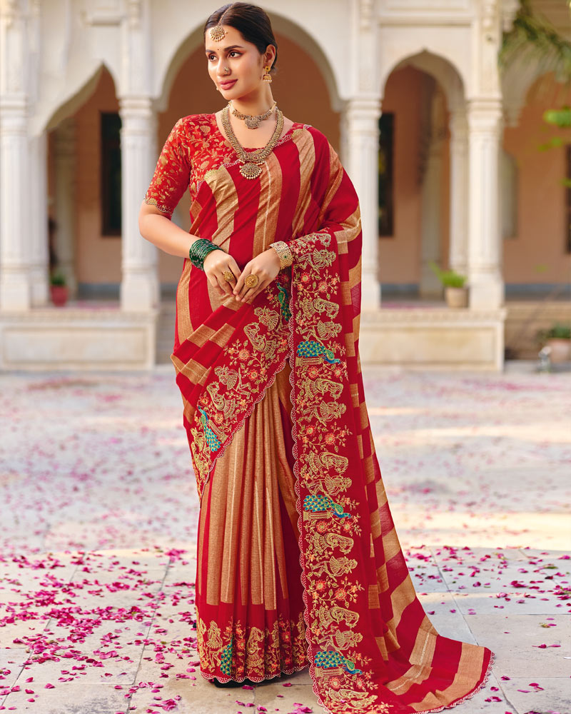 Vishal Prints Chili Red Designer Fancy Chiffon Saree With Embroidery-Diamond Work And Cut Work Border