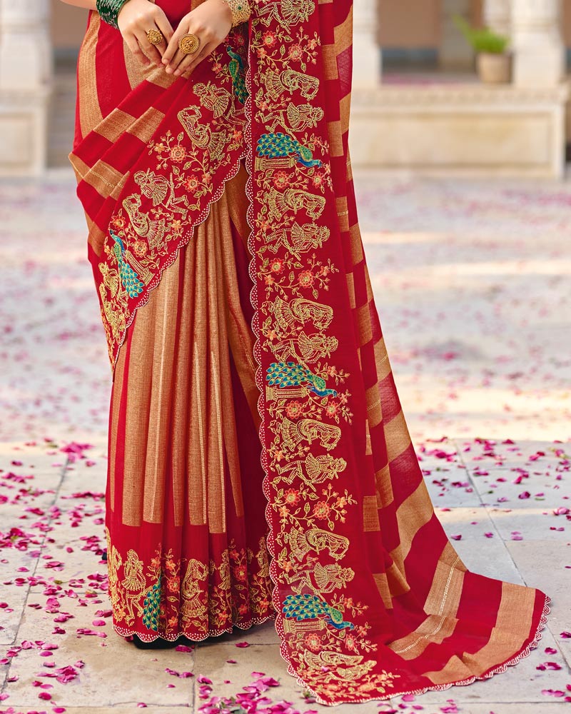 Vishal Prints Chili Red Designer Fancy Chiffon Saree With Embroidery-Diamond Work And Cut Work Border