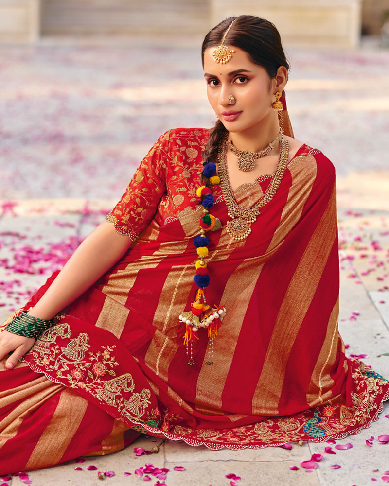 Vishal Prints Chili Red Designer Fancy Chiffon Saree With Embroidery-Diamond Work And Cut Work Border