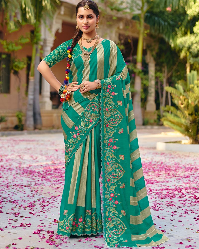 Vishal Prints Jade Green Designer Fancy Chiffon Saree With Embroidery-Diamond Work And Cut Work Border
