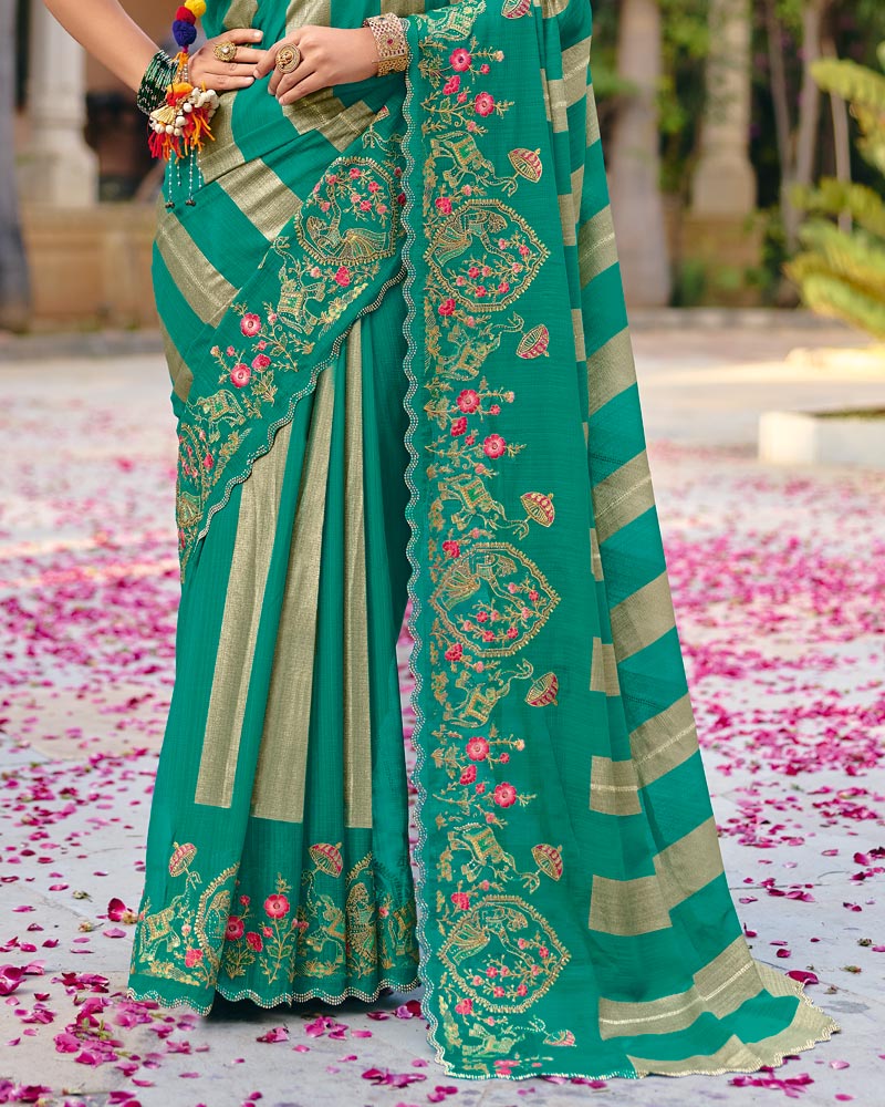 Vishal Prints Jade Green Designer Fancy Chiffon Saree With Embroidery-Diamond Work And Cut Work Border