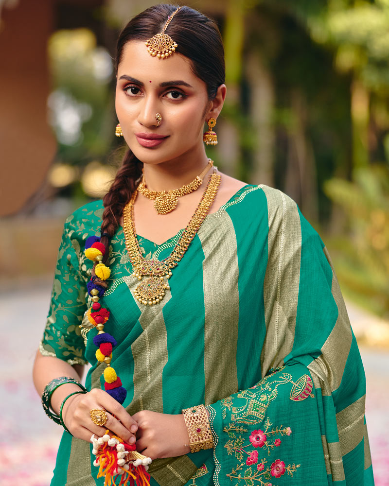 Vishal Prints Jade Green Designer Fancy Chiffon Saree With Embroidery-Diamond Work And Cut Work Border