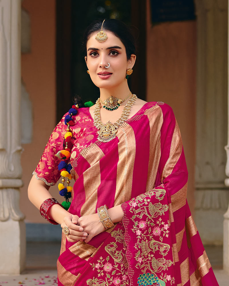 Vishal Prints Hot Pink Designer Fancy Chiffon Saree With Embroidery-Diamond Work And Cut Work Border