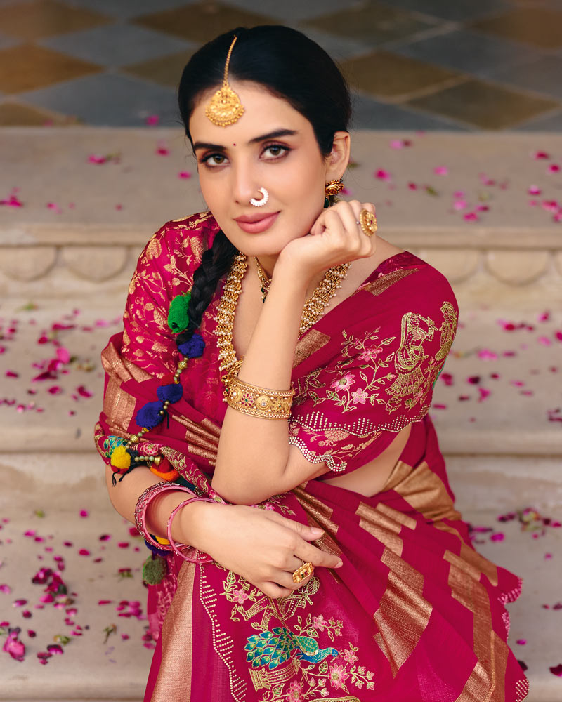 Vishal Prints Hot Pink Designer Fancy Chiffon Saree With Embroidery-Diamond Work And Cut Work Border