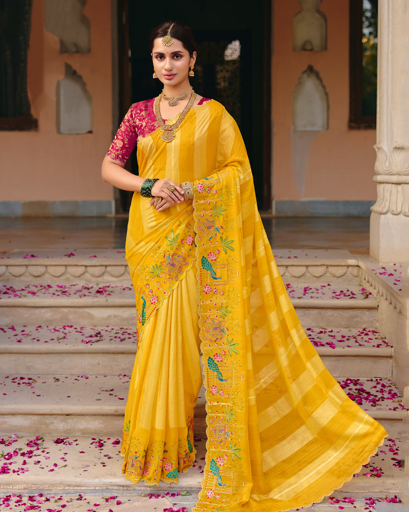 Vishal Prints Golden Yellow Designer Fancy Chiffon Saree With Embroidery-Diamond Work And Cut Work Border