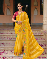Vishal Prints Golden Yellow Designer Fancy Chiffon Saree With Embroidery-Diamond Work And Cut Work Border