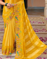 Vishal Prints Golden Yellow Designer Fancy Chiffon Saree With Embroidery-Diamond Work And Cut Work Border