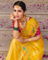 Vishal Prints Golden Yellow Designer Fancy Chiffon Saree With Embroidery-Diamond Work And Cut Work Border