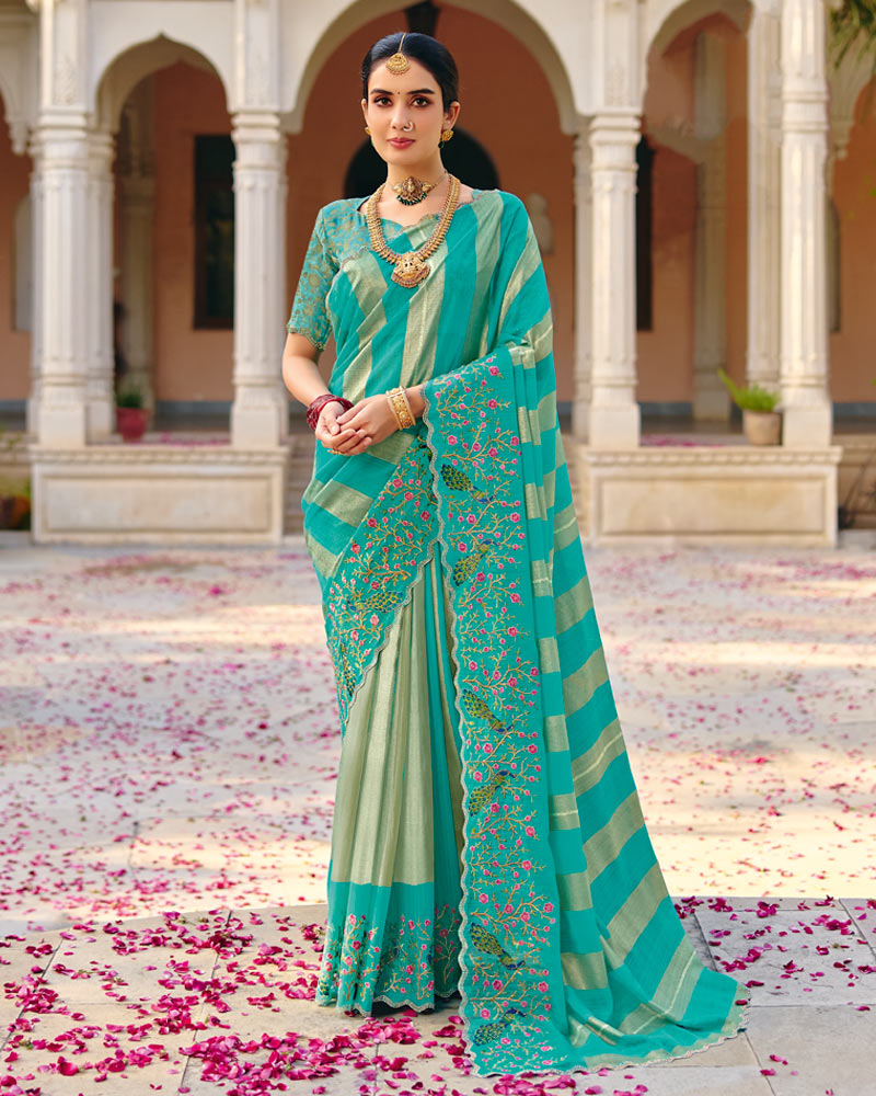 Vishal Prints Persian Green Designer Fancy Chiffon Saree With Embroidery-Diamond Work And Cut Work Border