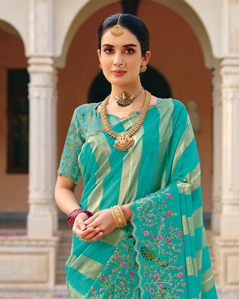 Vishal Prints Persian Green Designer Fancy Chiffon Saree With Embroidery-Diamond Work And Cut Work Border
