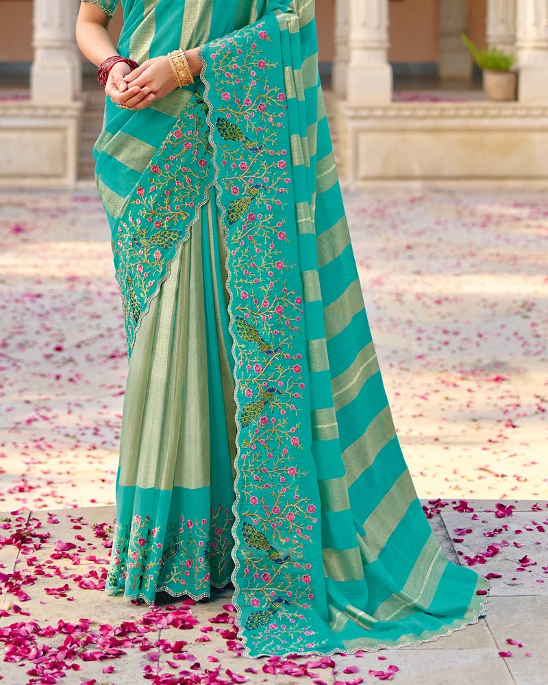 Vishal Prints Persian Green Designer Fancy Chiffon Saree With Embroidery-Diamond Work And Cut Work Border