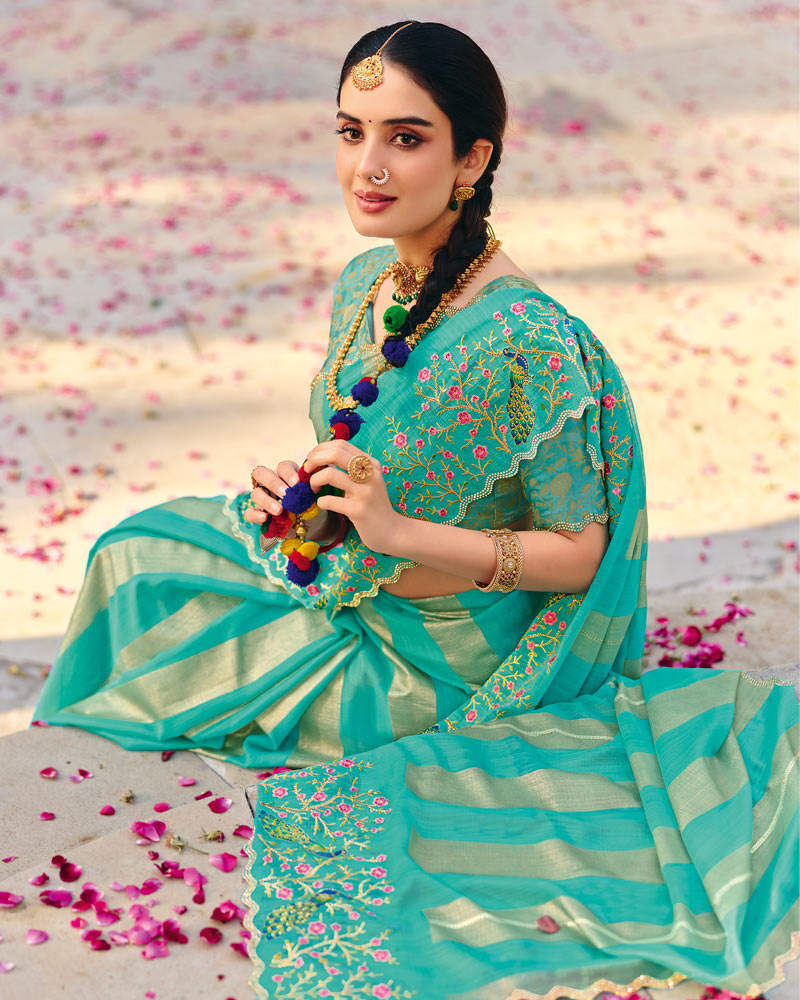 Vishal Prints Persian Green Designer Fancy Chiffon Saree With Embroidery-Diamond Work And Cut Work Border