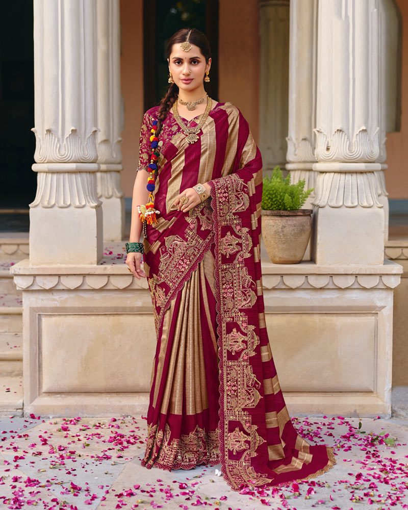 Vishal Prints Red Purple Designer Fancy Chiffon Saree With Embroidery-Diamond Work And Cut Work Border
