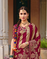 Vishal Prints Red Purple Designer Fancy Chiffon Saree With Embroidery-Diamond Work And Cut Work Border