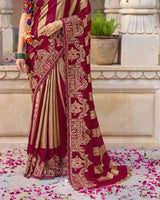 Vishal Prints Red Purple Designer Fancy Chiffon Saree With Embroidery-Diamond Work And Cut Work Border