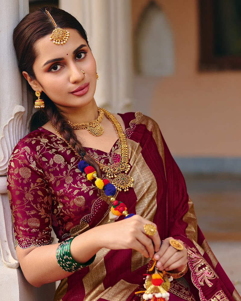 Vishal Prints Red Purple Designer Fancy Chiffon Saree With Embroidery-Diamond Work And Cut Work Border