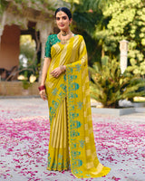 Vishal Prints Indian Yellow Designer Fancy Chiffon Saree With Embroidery-Diamond Work And Cut Work Border