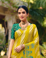 Vishal Prints Indian Yellow Designer Fancy Chiffon Saree With Embroidery-Diamond Work And Cut Work Border