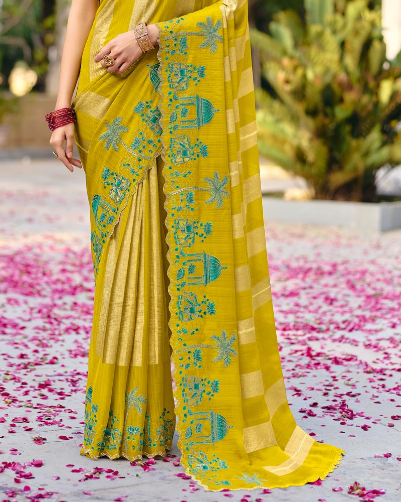 Vishal Prints Indian Yellow Designer Fancy Chiffon Saree With Embroidery-Diamond Work And Cut Work Border