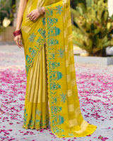 Vishal Prints Indian Yellow Designer Fancy Chiffon Saree With Embroidery-Diamond Work And Cut Work Border