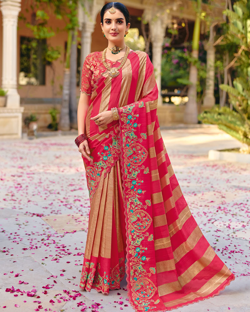 Vishal Prints Raspberry Pink Designer Fancy Chiffon Saree With Embroidery-Diamond Work And Cut Work Border