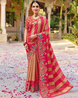 Vishal Prints Raspberry Pink Designer Fancy Chiffon Saree With Embroidery-Diamond Work And Cut Work Border