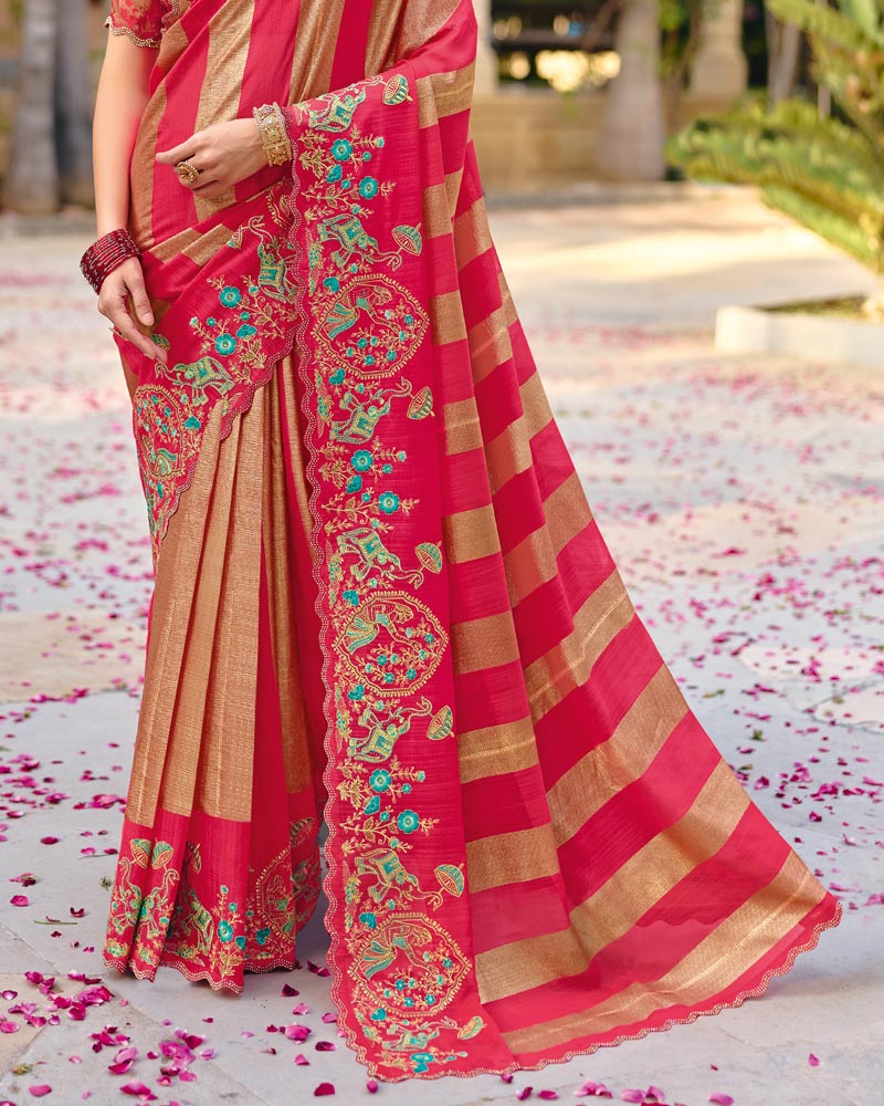 Vishal Prints Raspberry Pink Designer Fancy Chiffon Saree With Embroidery-Diamond Work And Cut Work Border