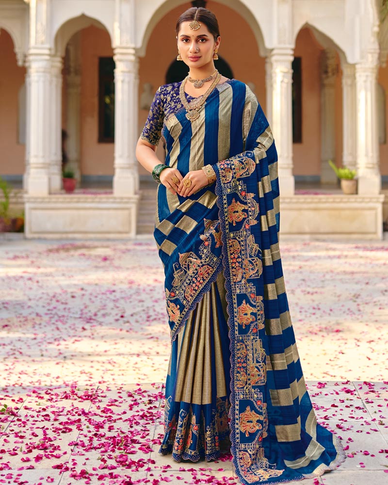 Vishal Prints Royal Blue Designer Fancy Chiffon Saree With Embroidery-Diamond Work And Cut Work Border