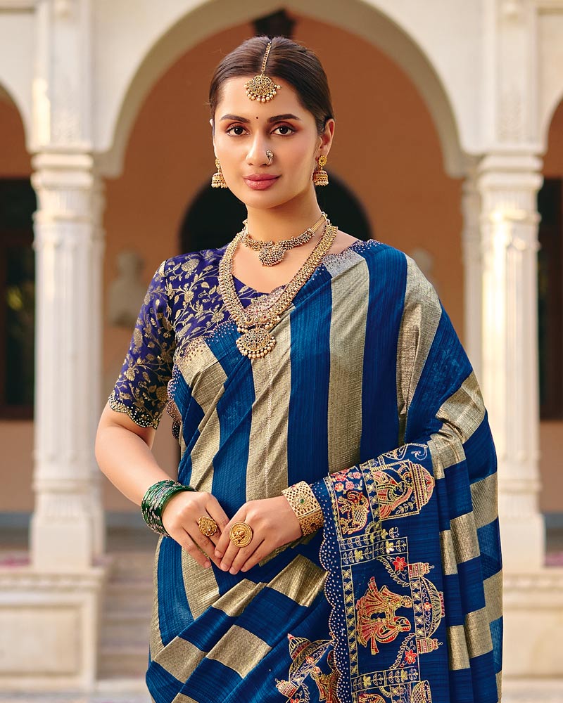 Vishal Prints Royal Blue Designer Fancy Chiffon Saree With Embroidery-Diamond Work And Cut Work Border
